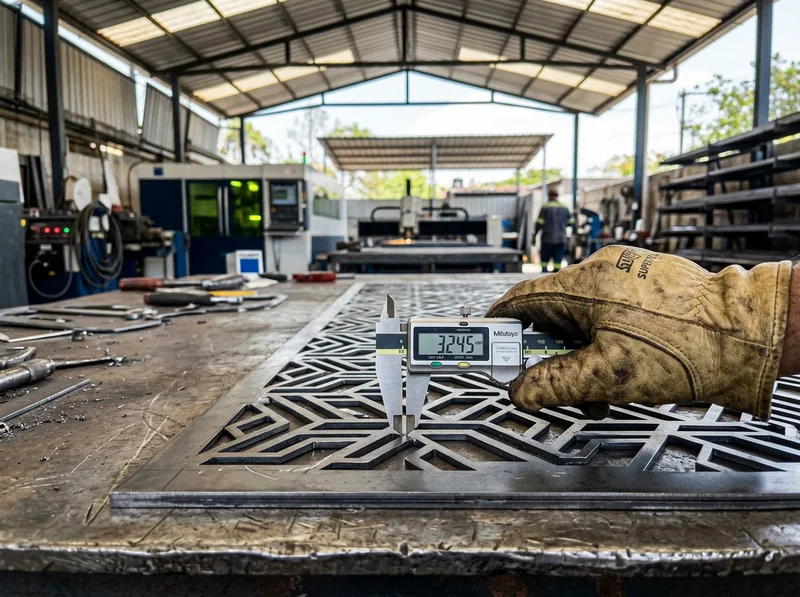 Inspeksi ketelitian potongan laser cutting pada plat besi motif di workshop Palembang
