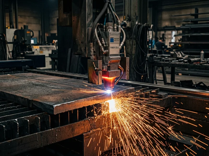Mesin fiber laser sedang memotong plat besi untuk jasa laser cutting di Palembang
