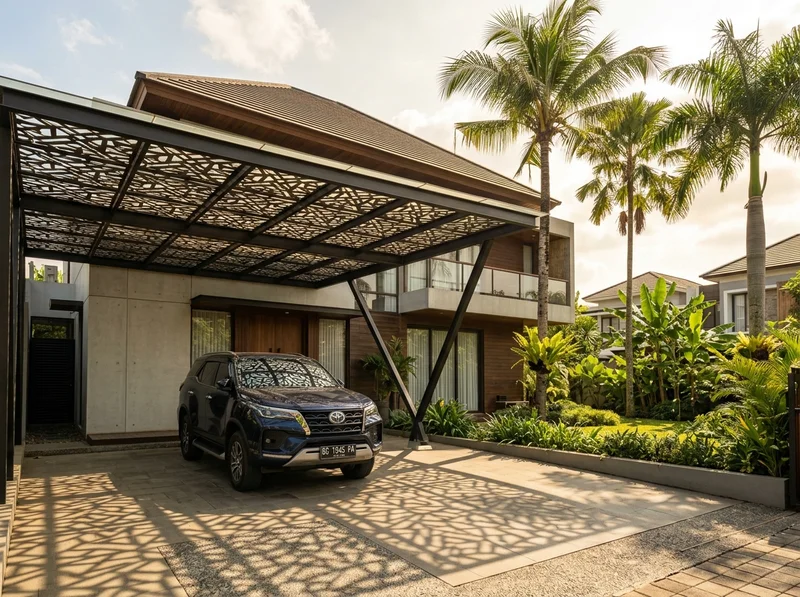 Kanopi carport laser cutting dengan motif geometris pada rumah di Palembang