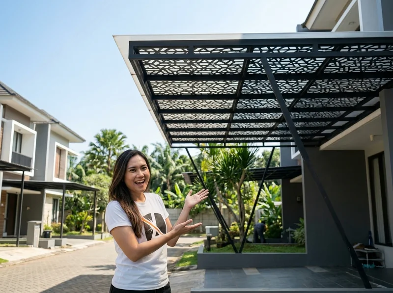 Kanopi laser cutting double-layer dengan atap polycarbonate solar flat