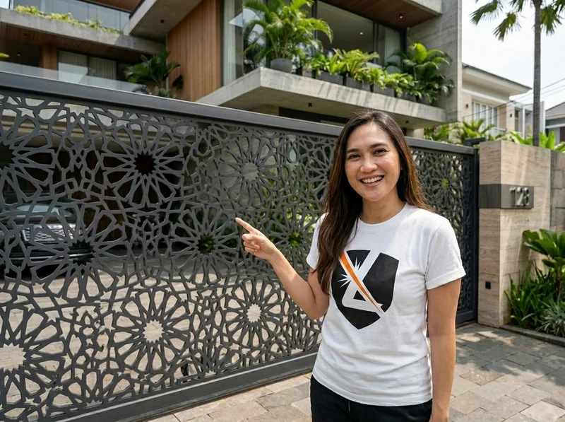 Pagar klasik geometris laser cutting terpasang di rumah mewah Palembang
