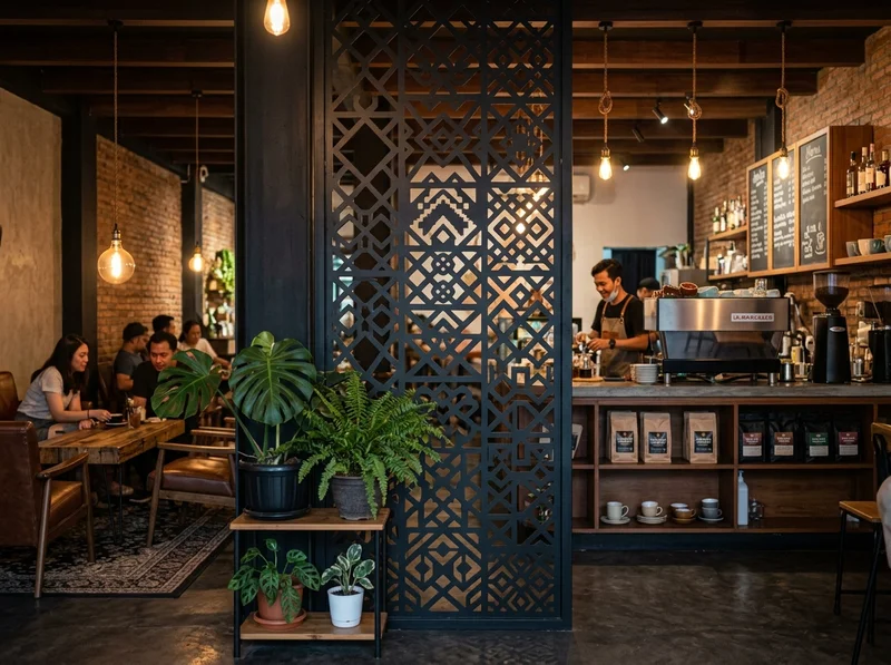 Partisi laser cutting motif geometris membagi area cafe kecil di Palembang